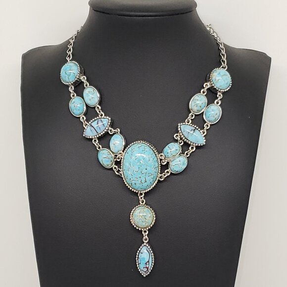 Vintage Blue Turquoise Silver Oval Necklace Adjustable - Picture 2 of 6